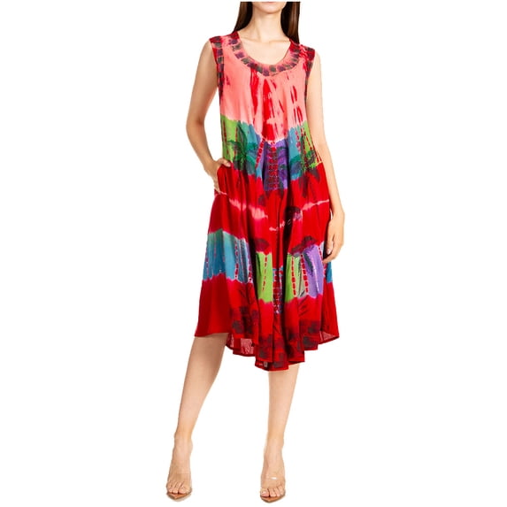 Sakkas Palm Tree Tie Dye Caftan Dress / Cover Up - Red - One Size