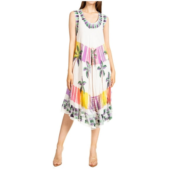 Sakkas Palm Tree Tie Dye Caftan Dress / Cover Up - White - One Size