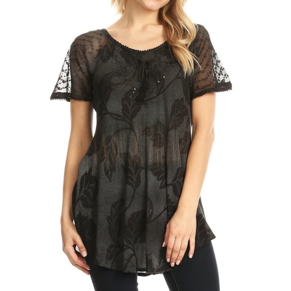 Sakkas Parisa Casual Summer Short Sleeve Top Blouse with Corset and Embroidery - Black - One Size