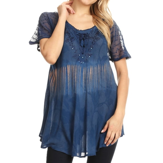 Sakkas Parisa Casual Summer Short Sleeve Top Blouse with Corset and Embroidery - Steel Blue - One Size