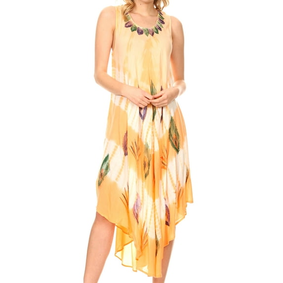 Sakkas Peacock Feather Caftan Dress / Cover Up - Blush - One Size