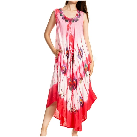 Sakkas Peacock Feather Caftan Dress / Cover Up - Coral - One Size
