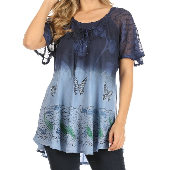 Sakkas Petra Women's Casual Loose Flared Corset Short Sleeve Lace Blouse Top Tunic - 2202-Navy - Plus Size