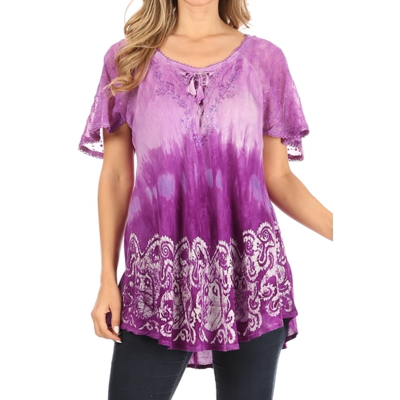 Sakkas Petra Women's Casual Loose Flared Corset Short Sleeve Lace Blouse Top Tunic - 2211-Purple - Plus Size