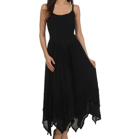 Sakkas Rayon Embroidered Stonewashed Adjustable Spaghetti Straps Long Dress - Black - One Size