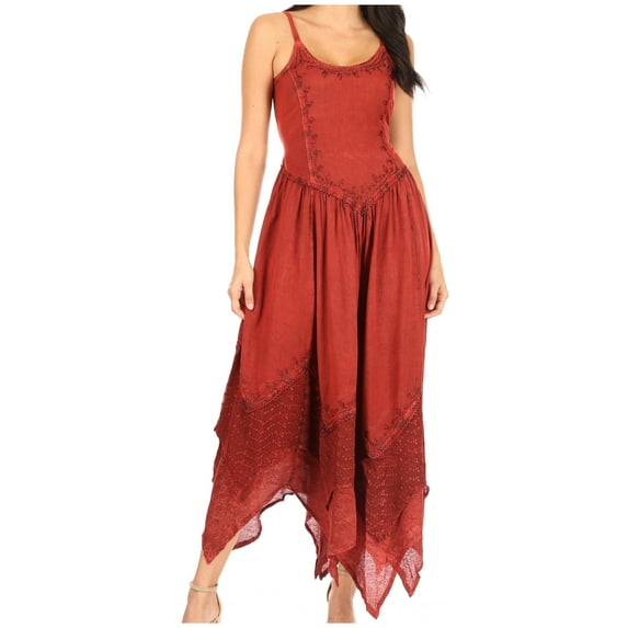 Sakkas Rayon Embroidered Stonewashed Adjustable Spaghetti Straps Long Dress - Burgundy - 1X/2X