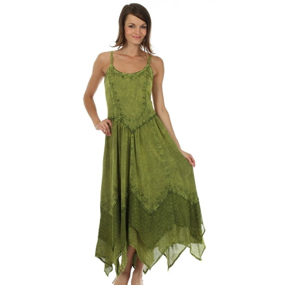 Sakkas Rayon Embroidered Stonewashed Adjustable Spaghetti Straps Long Dress - Green - One Size