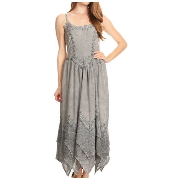 Sakkas Rayon Embroidered Stonewashed Adjustable Spaghetti Straps Long Dress - Grey - 1X/2X