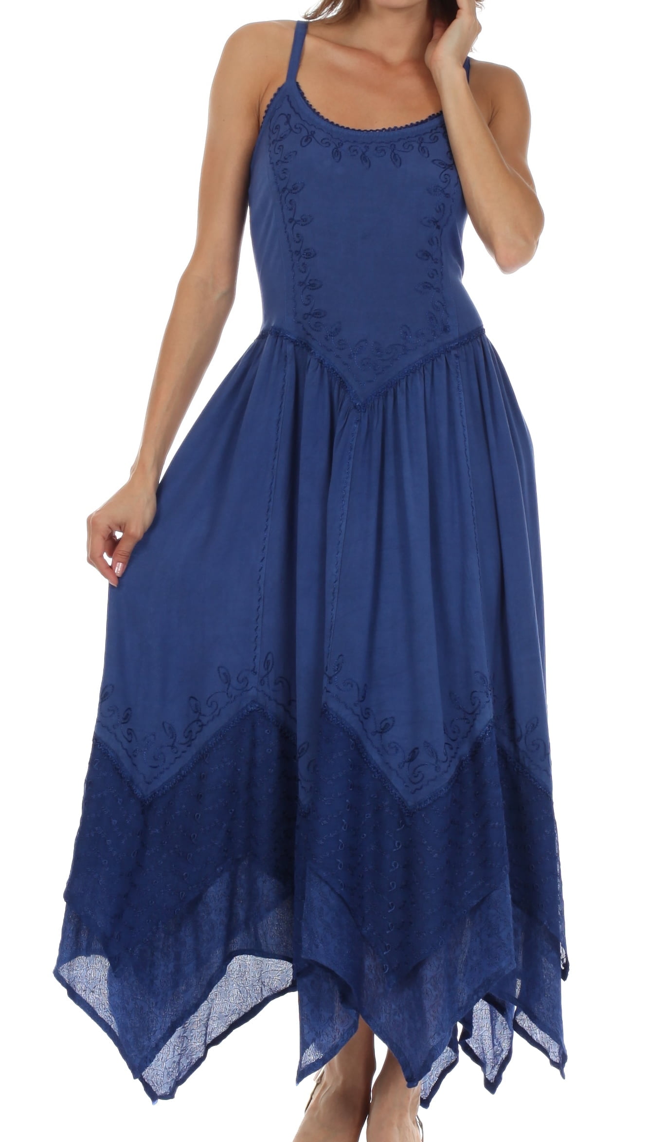Sakkas Rayon Embroidered Stonewashed Adjustable Spaghetti Straps Long Dress  - Navy - S/M - Walmart.com