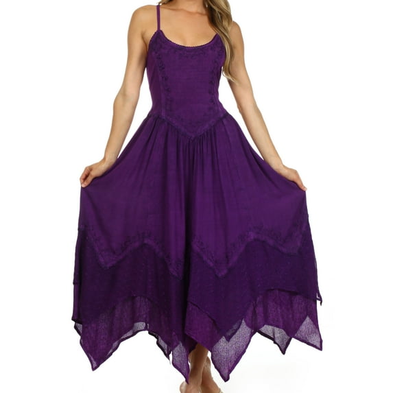 Sakkas Rayon Embroidered Stonewashed Adjustable Spaghetti Straps Long Dress - Purple - One Size