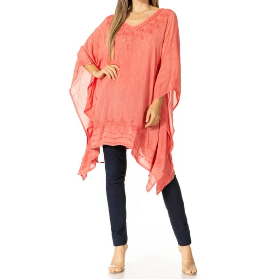Sakkas Regina Women's Lightweight Stonewashed Poncho Top Blouse Caftan Cover up - A-Salmon - One Size