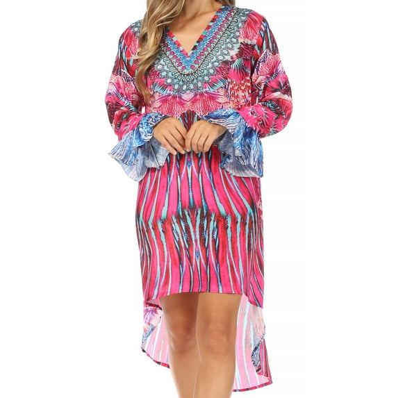Sakkas Rema Women's Boho Shift Tunic High Low V-neck Long Sleeve Dress with Print - 444 - One Size Regular