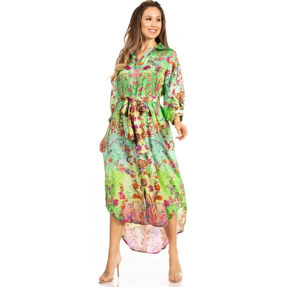 Sakkas Rina Women's Maxi Long Flounce Shirt Dress Floral Print Long Sleeves Button - 601-Green - S/M