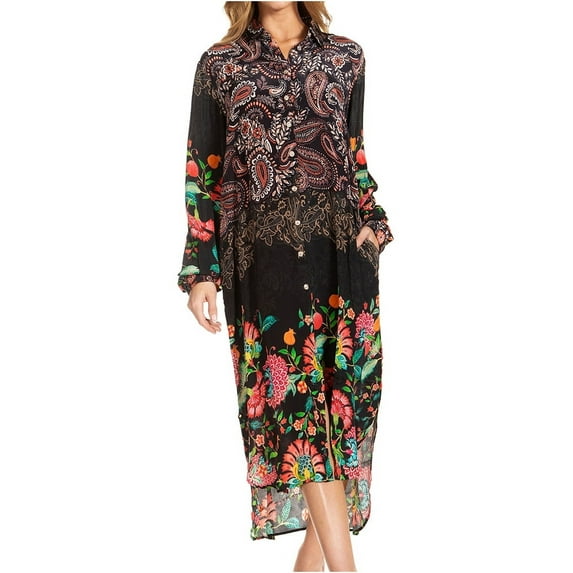 Sakkas Rina Women's Maxi Long Flounce Shirt Dress Floral Print Long Sleeves Button - 647 - S/M