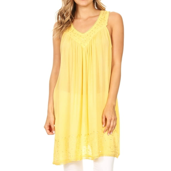 Sakkas Rita Womens Picot Trim V Neck Tank Blouse With Seqins And Embroidery - Butter Yellow - One Size Regular