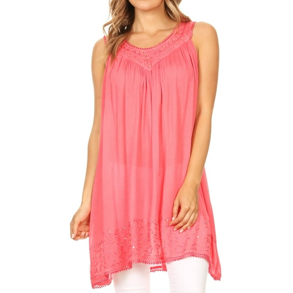 Sakkas Rita Womens Picot Trim V Neck Tank Blouse With Seqins And Embroidery - Coral - One Size Regular