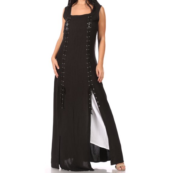 Sakkas Riva Women's Sleeveless Chemise + Over Dress Medieval Celtic Renaissance - Black - L/XLP