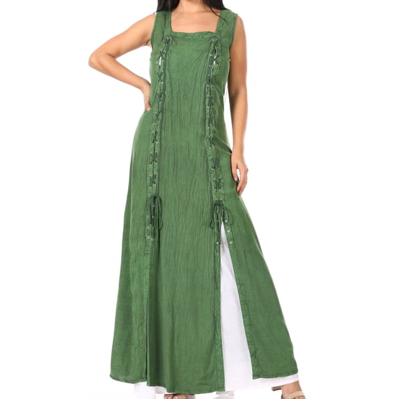 Sakkas Riva Women's Sleeveless Chemise + Over Dress Medieval Celtic Renaissance - Green - 1XL/2XLP