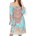 thumbnail image 1 of Sakkas Riza Women's Off Shoulder Long Sleeve Tunic Shirt Short Dress with Print - MTU293-Turq - One Size Regular, 1 of 5