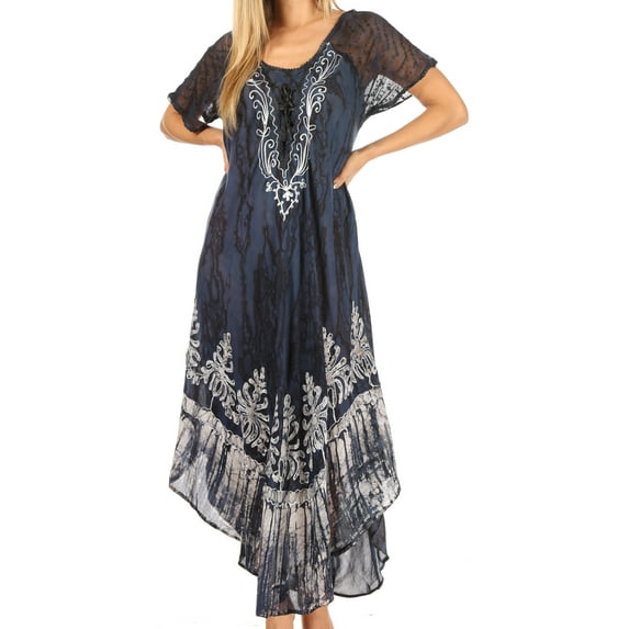 Sakkas Ronny Lace Embroidered Cap Sleeve Tie Dye Wash Caftan Dress / Cover Up - Dusty Blue / Black - One Size Regular