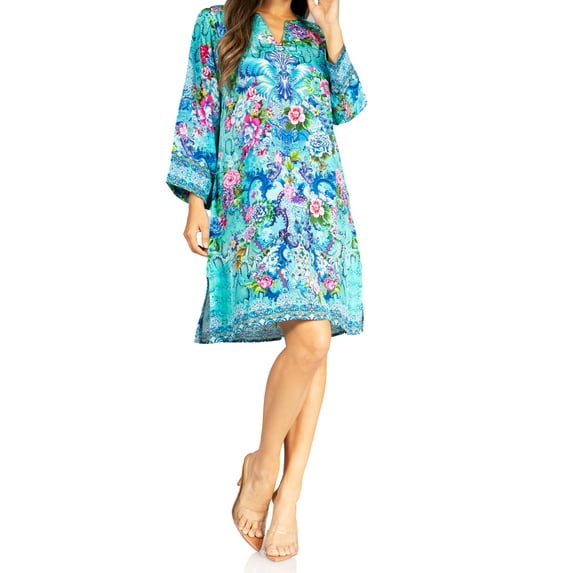 Sakkas Rosa Women's Boho Casual Long Sleeve Floral Tunic Dress Cover Up Midi Top - 569-Turq - S/M