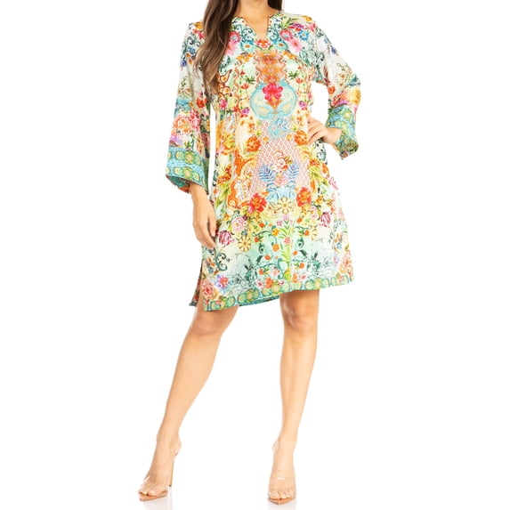 Sakkas Rosa Women's Boho Casual Long Sleeve Floral Tunic Dress Cover Up Midi Top - 570-Multi - S/M