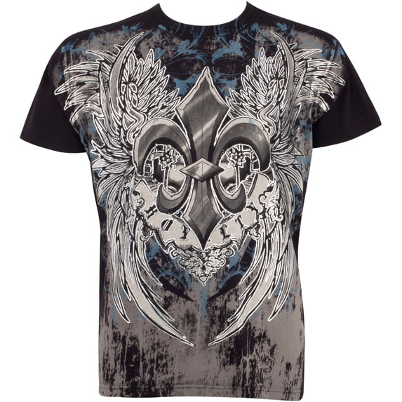 Sakkas Royalty Fleur de Lis Metallic Silver Embossed Cotton Mens Fashion T-Shirt - Black / Medium