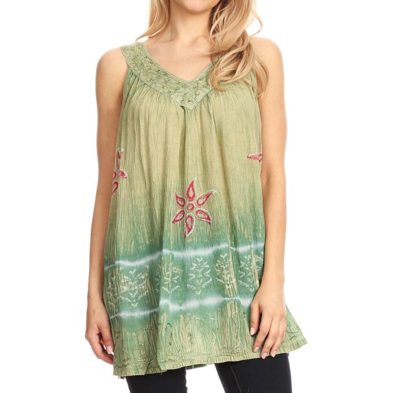Sakkas Ruth Sequin Embroidered Batik Relaxed Fit Sleeveless V-Neck Top - Olive - One Size Regular