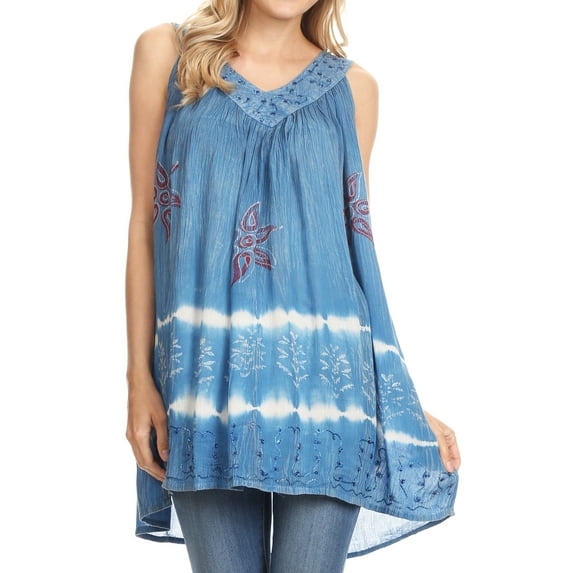 Sakkas Ruth Sequin Embroidered Batik Relaxed Fit Sleeveless V-Neck Top - Steel Blue - One Size Regular
