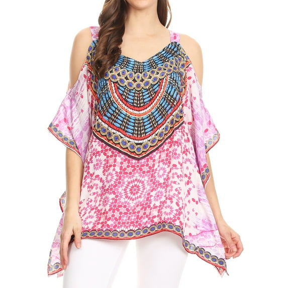 Sakkas Saanvi Printed Draped Short Sleeve Strap Cutout Shoulder V-Neck Kaftan Top - MM114-Multi - 3X/4X