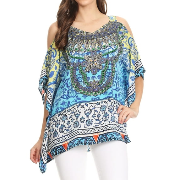 Sakkas Saanvi Printed Draped Short Sleeve Strap Cutout Shoulder V-Neck Kaftan Top - TT42-Turq - 3X/4X