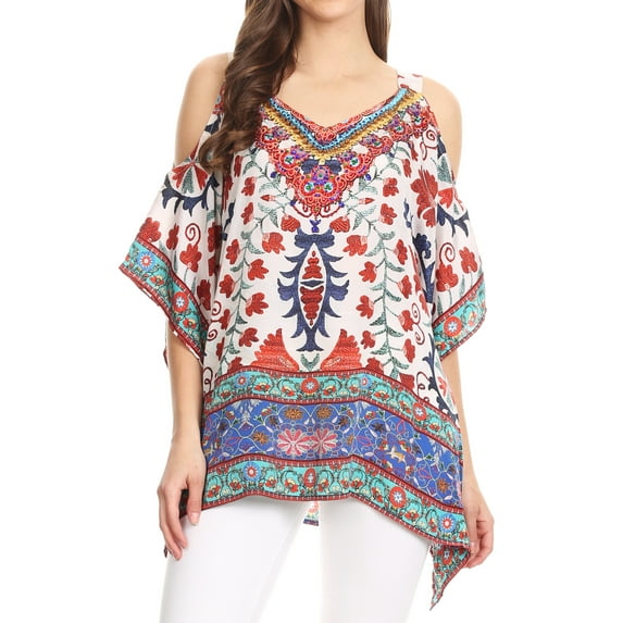 Sakkas Saanvi Printed Draped Short Sleeve Strap Cutout Shoulder V-Neck Kaftan Top - TW25-White - S/M