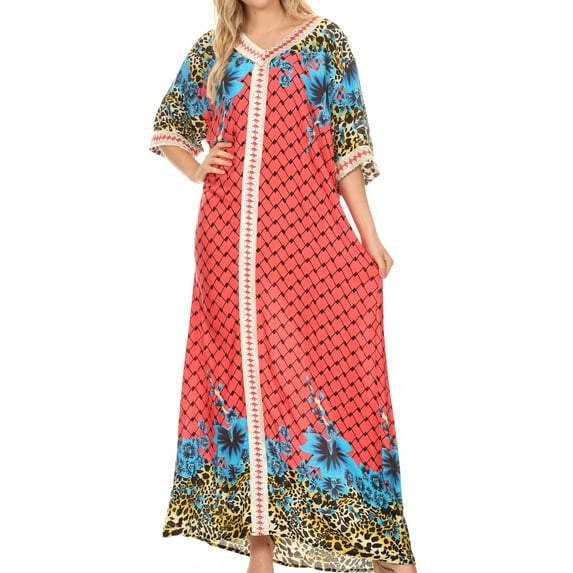 Sakkas Sabra Womens Long Casual Cover-up Tunic Kaftan V neck Dress - 1917-Fuchsia - XL