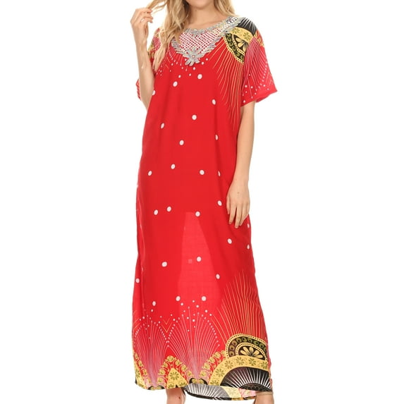 Sakkas Sabra Womens Long Casual Cover-up Tunic Kaftan V neck Dress - 1918-Red - XL