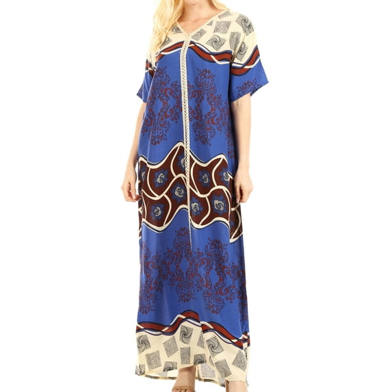 Sakkas Sabra Womens Long Casual Cover-up Tunic Kaftan V neck Dress - Royal Blue - Large