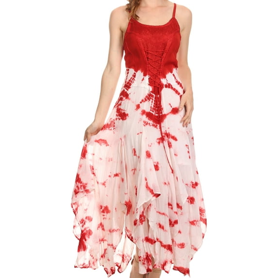Sakkas Sami Long Sleeveless Spaghetti Strap Handkerchief Hem Dress With Corset Top - Red - OS
