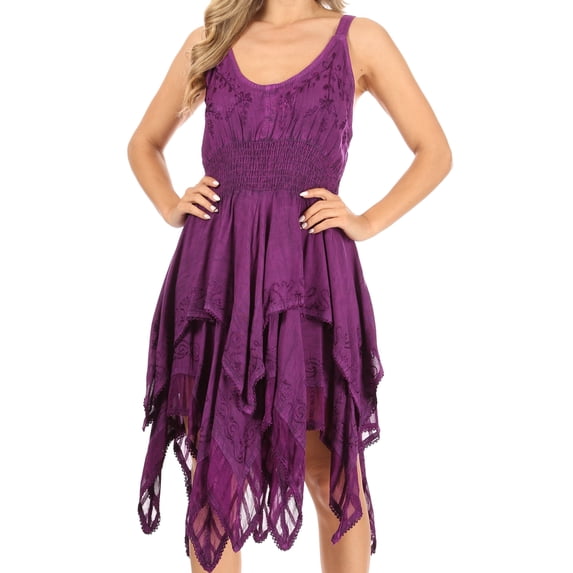 Sakkas Samsa Women's Sleeveless Casual Boho Flared Pixi Stonewashed Midi Dress - Purple - S-M