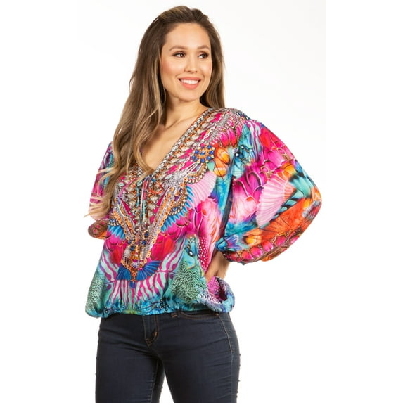 Sakkas Sante Women's Boho Loose V neck Long Sleeve Elastic Tunic Top Blouse Floral - 584-Pink - S/M