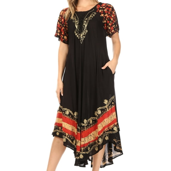 Sakkas Sara Batik CaftanTank Dress / Cover Up - Black / Red - One Size Regular