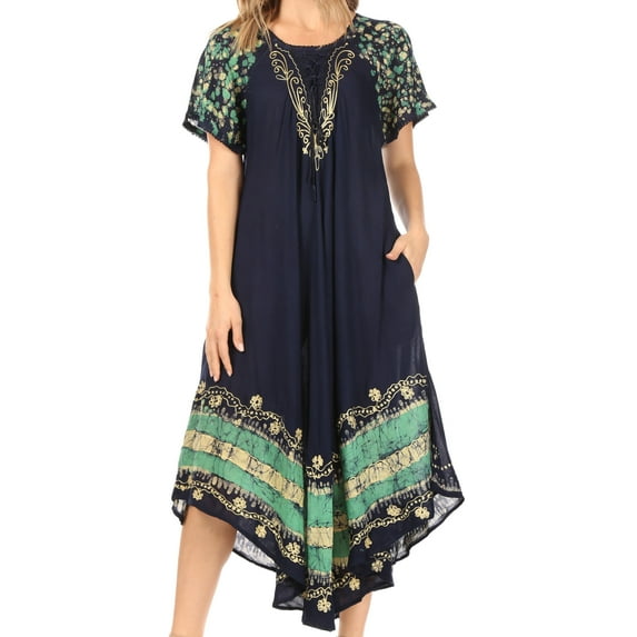 Sakkas Sara Batik CaftanTank Dress / Cover Up - Navy / Turquoise - One Size Regular