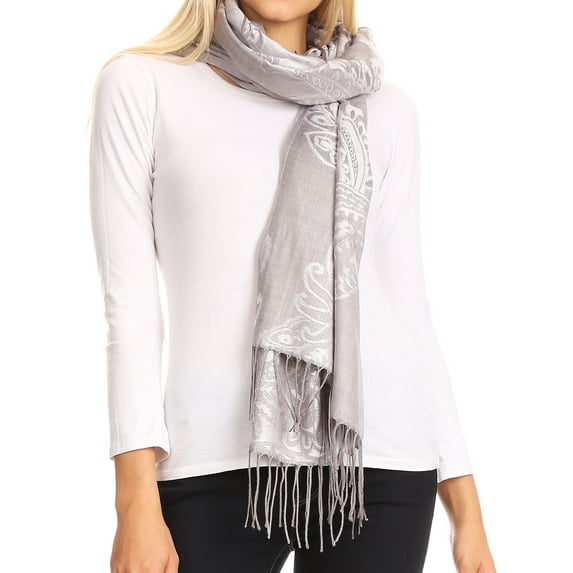 Sakkas Sarah Reversible Silky Soft Brocade Scarf Shawl Stole with Fringe - Gray - One Size Regular