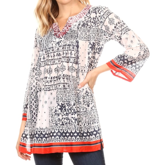Sakkas Sasa Women's Casual Summer Cotton 3/4 Sleeve Print Loose Tunic Top Blouse - 19918-NavyWhite - 1X/2X