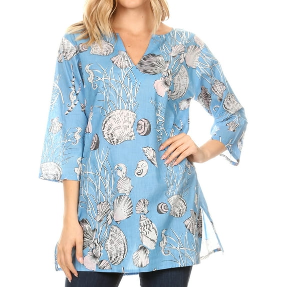 Sakkas Sasa Women's Casual Summer Cotton 3/4 Sleeve Print Loose Tunic Top Blouse - Light Blue - S/M