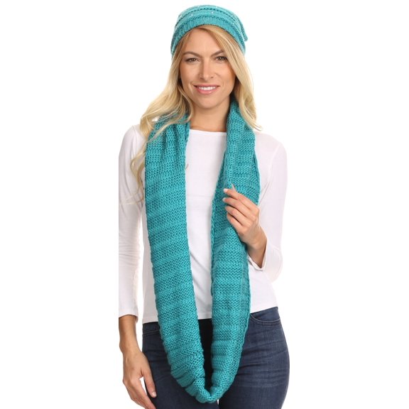 Sakkas Sayla Rhinestone Jewel Soft Warm Woven Cable Knit Beanie Hat And Scarf Set - Teal - OS