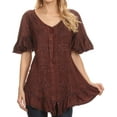 thumbnail image 1 of Sakkas Sayle Long Star Embroidered Blouse Shirt Top With Button Front And Ruffles - Chocolate - L/XL, 1 of 5