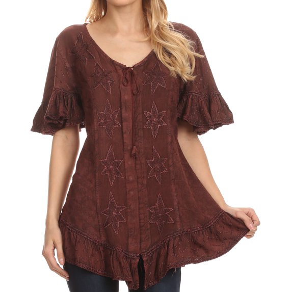 Sakkas Sayle Long Star Embroidered Blouse Shirt Top With Button Front And Ruffles - Chocolate - L/XL