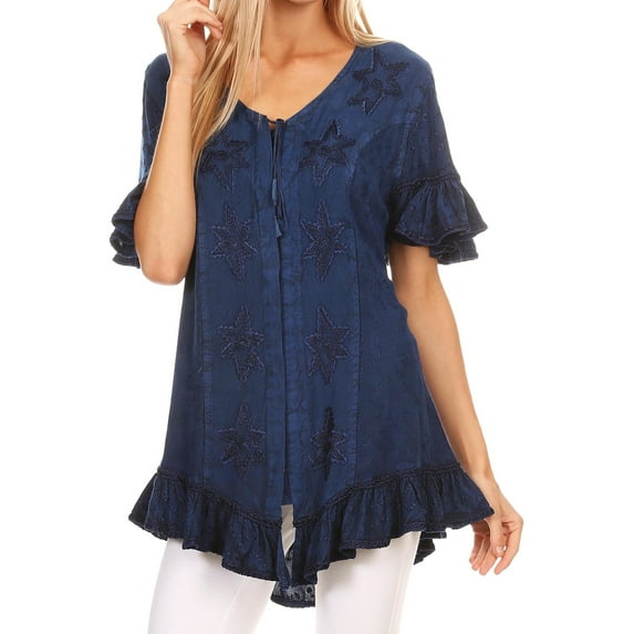 Sakkas Sayle Long Star Embroidered Blouse Shirt Top With Button Front And Ruffles - Navy - L/XL