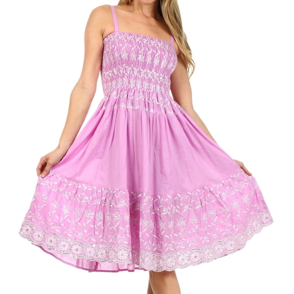Sakkas Sequin Embroidered Smocked Bodice Knee Length Dress - Lavender - One Size