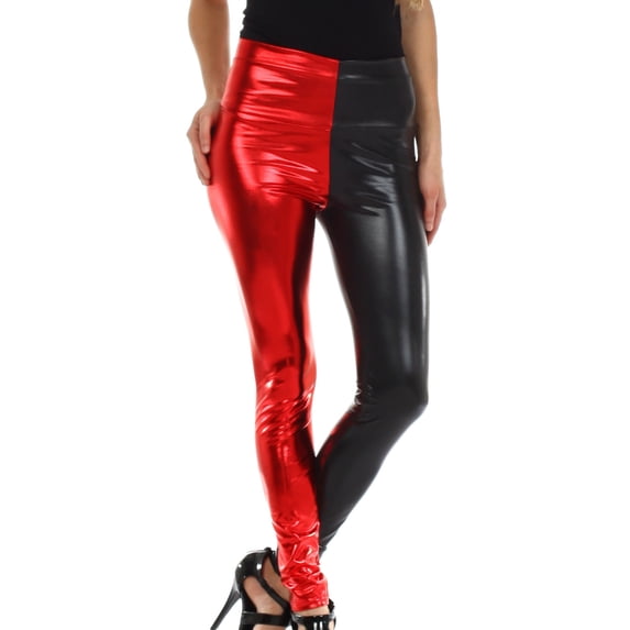 Sakkas Shiny Liquid Metallic High Waist Stretch Leggings - Made in USA - Black / Red - M