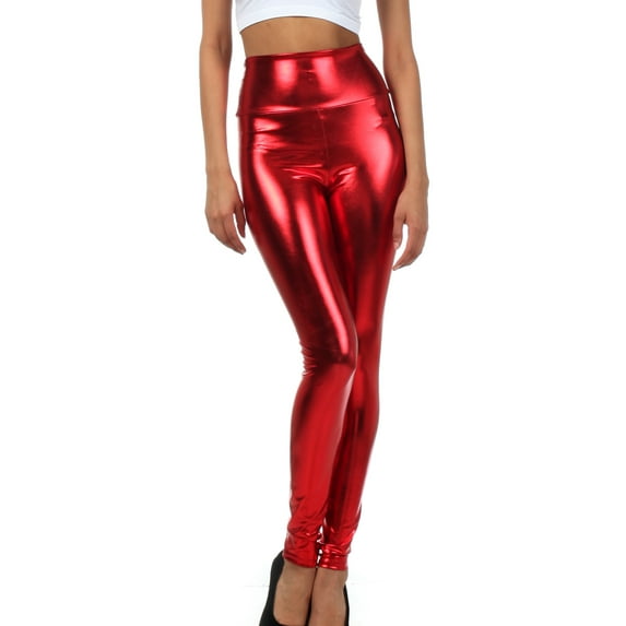 Sakkas Shiny Liquid Metallic High Waist Stretch Leggings - Made in USA - Red - M